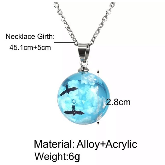 White Clouds Blue Sky Birds Glass Ball Necklace - Picture 6 of 6